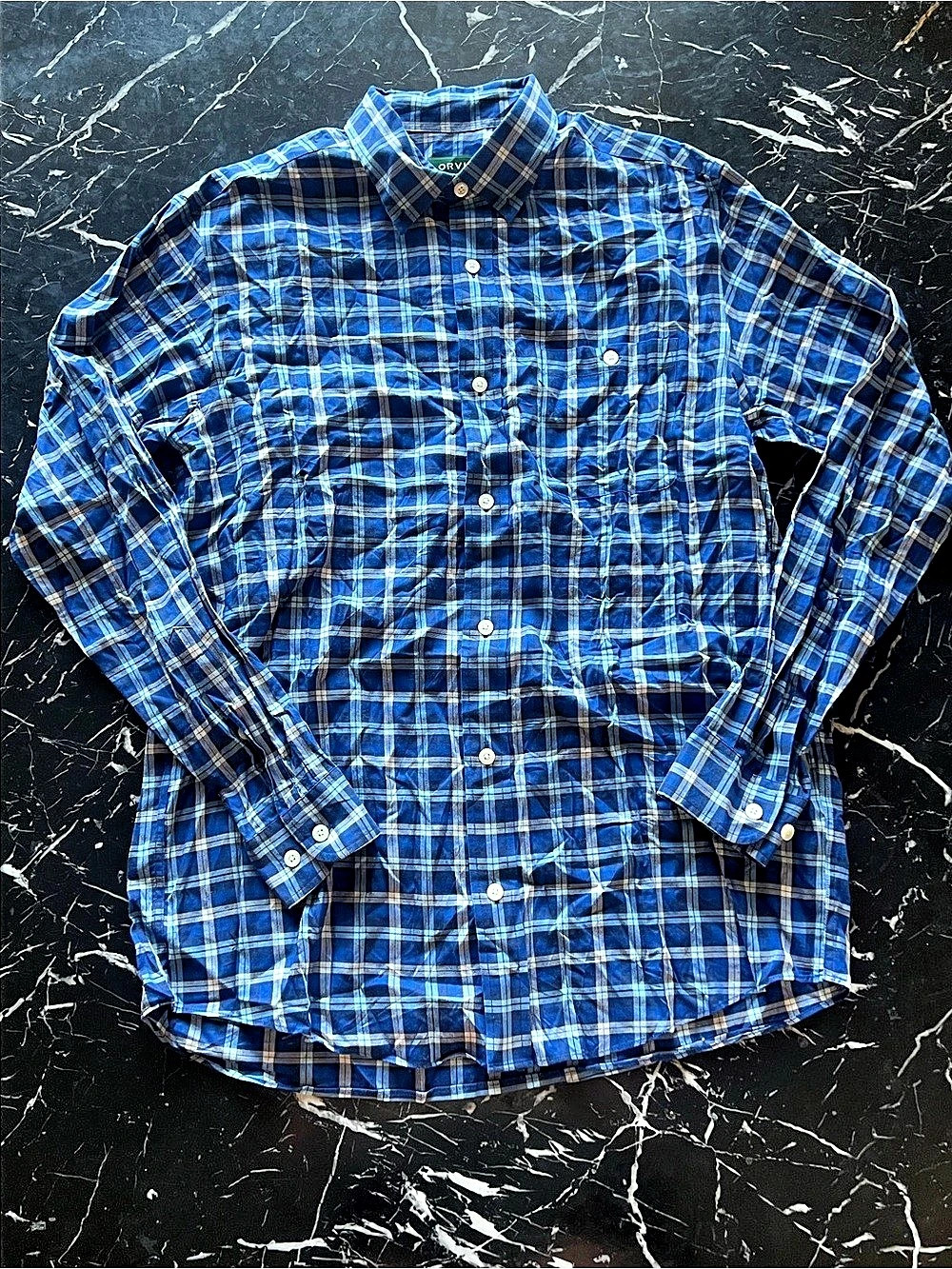Orvis Classic Fit Tall Plaid Button Down in Blue & White Size Large